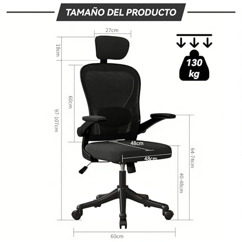VIDITA Silla de Escritorio Ergonómica Oficina reposabrazos Ajustables Negro | Reposabrazos ajustables Silla de oficina de malla Relleno de espuma blanda en la zona lumbar, con soporte lumbar ajustable