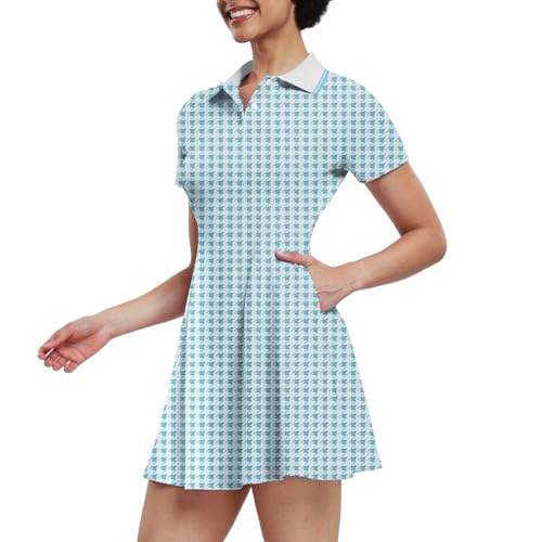 GGOV Womens Tennis Dresses Golf Dress Short Sleeve with Shorts Workout Athletic Dress(Blue Houndstooth,X-Small) at Amazon
