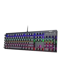 Teclado mecánico de Aukey con interruptores azules, retroiluminación LED arco iris, teclado de juego de 104 teclas con efectos de luz preestablecidos para jugadores de PC y Laptop.