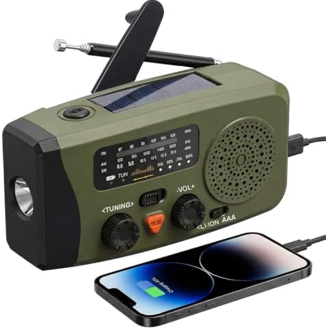 Radio Portable Urgence, FM/AM Radio Survie avec Rechargement du Solaire Radios Dynamo à Manivelle avec Lampe de Poche 4000mAh Powerbank SOS pour Outdoor, Camping, Coupures de Courant, Kit de Survie