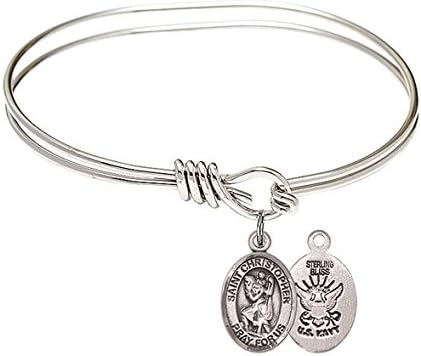 St. Christopher Navy Charm On A Child Sized 5 3/4 Inch Oval Eye Hook Bangle Bracelet