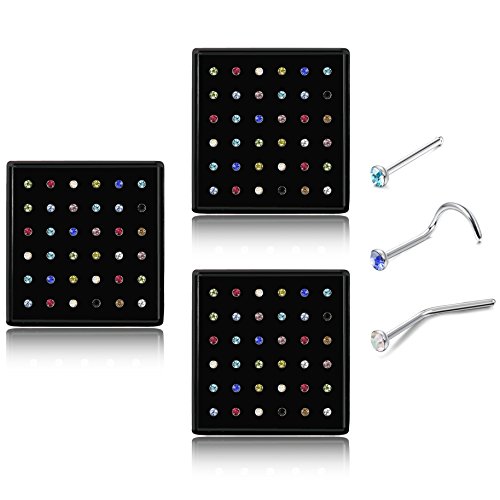JOERICA 108 Pcs Stainless Steel Nose Studs Rings Piercing Pin Screw and L bend Body Jewelry 1.5mm 1.8mm