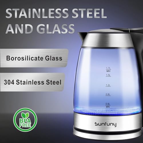 Electric Glass Water Kettle,1.7L Hot Water Boiler w/Filter, Blue LED Light | 2200W Tea Kettles with Stainless Steel Lid, Auto Shut-Off, Fast Boiling Transparent Heater Teapot for Home, Office, Kitchen