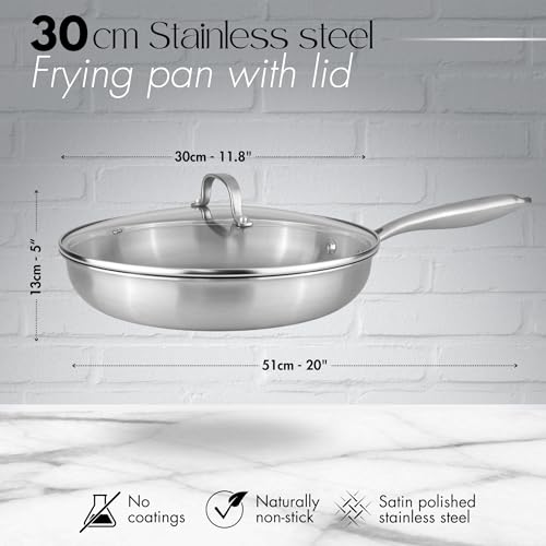 nuovva Stainless Steel Frying Pan – Induction Hob Non Stick Chefs Pan – 30cm Pan with Glass Lid