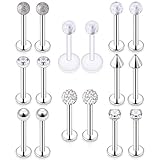 Ocptiy 16G 16Pcs Lip Rings Studs 316L Stainless Steel Clear CZ Monroe Labret Cartilage Helix Tragus Earring Ring Stud Piercing Jewelry Retaine 10mm Bar Length Silver