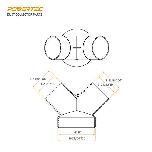 POWERTEC 70189 Dust Collector YFitting 6Inch To 4Inch Hose Reducer