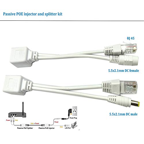 Poyiccot 1 Pair Passive PoE Injector and PoE Splitter Kit with 5.5x2.1 mm DC Power Adaptor Connector (White)