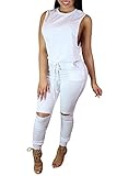 Fixmatti Women's Sexy Open Side Drawstring Knee Hole Jumpsuits Rompers White L