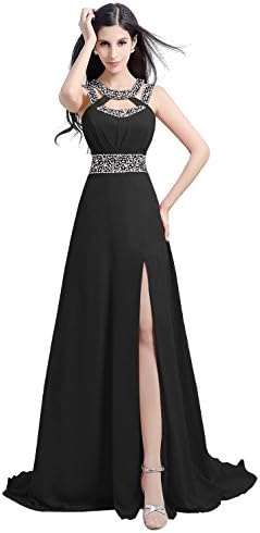 Vinvv Sparkling Straps Beading Split Front Prom Dress Long Evening Gown Black 8