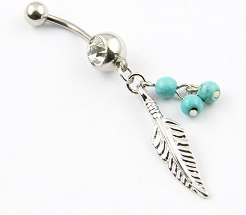 BUYEONLINE 316L Surgical Steel 14 Gauge Leaf Dangle With Blue Beads Navel Belly Button Ring Bar