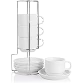Sweejar Porcelain Cappuccino Cups with Saucers and Metal Stand, 8 Ounce Stackable Espresso Cups for Specialty Coffee Drinks, Latte, Americano, Tea - Set of 4 (White)