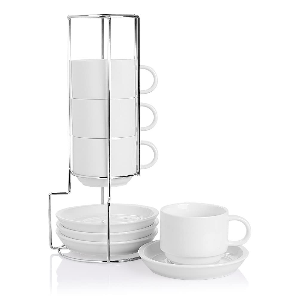 Sweejar Home Porcelain Cappuccino Cups with Saucers and Metal Stand, 230ml Stackable Espresso Cups for Specialty Coffee Drinks, Latte, Americano, Tea - Set of 4 (White)