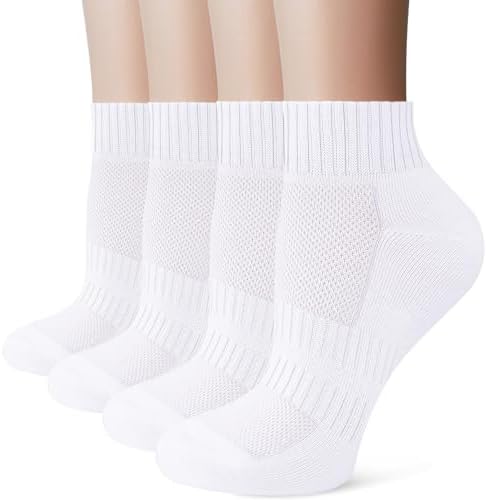 Stoeury White Sports Ankle Socks Women, Anti Blister Cushioned Quarter Socks Mens Black, Ladies Trainer Walking Running Sock, Breathable Cotton Casual Athletic Gym Sock 4 Pairs, White 9-12