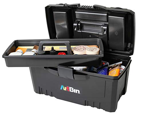 ArtBin 6918AB 17 in. Twin Top Supply Box - 17 in. x 8.5 in. x 8.5 in. Black, Art Supplies Organizer, Lift-Out Tray, In-Lid Storage, Rubber Over-Molded Handle, Lockable Arts and Crafts Storage