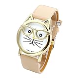 Top Plaza Fashion Women's Platinum Plated Mini Cat Glasses Analog Quartz Watch, PU Leather Strap Gold Tone - Beige Brown