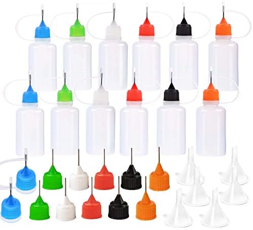 Muhuyi Precision Tip Applicator Bottles - 12 Bottles and 24 Tips, Come with 6 Pcs Mini Funnel for DIY Quilling Tool, Glue Applicator, Oiler Bottle, and Alcohol Ink, 30ml/1 Ounce