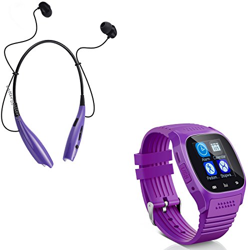 Bluetooth Smart Wrist Watch + Earphone For IOS Android iPhone Samsung HTC Huawei (purple)