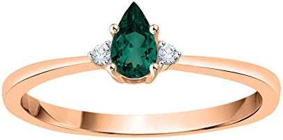 Diamond and Pear Cut Emerald Fashion Ring in 14K Rose Gold (1/4 cttw) (JK-Color, SI2/I1-Clarity) (Size-4)