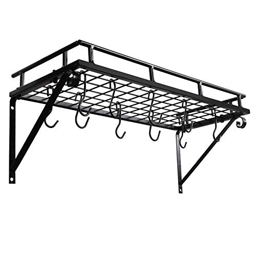 LEMY Wall Mount hanging Pot Pan Rack Kitchen Cookware Storage Organizer with 10 Hooks, Black