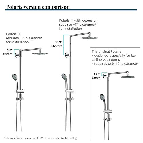 Polaris III Retrofit Rain Shower System, 3-Setting Handheld Shower Combo with Slide Bar, 8" Low Profile Shower Head for Low-Ceiling Bathrooms, 9-Inch Vertical Extension Pipe (Chrome)
