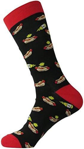 Hibaly Men's Novelty Crew Socks With Hot-Dog &amp; Mustard Design, Size: 10-13, Black.