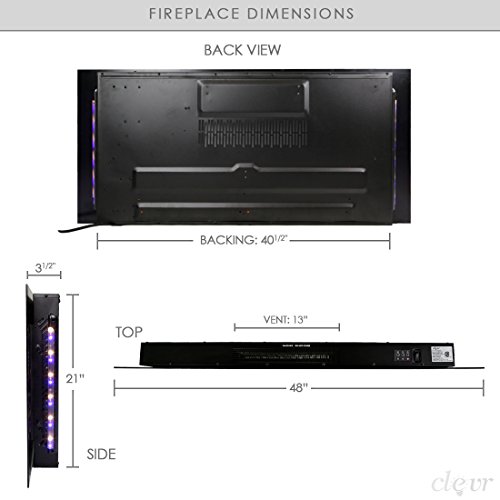 Clevr 48" Adjustable Electric Wall Mount Fireplace Heater, 750-1500W Mordern Black Heat, Decorative Crystals, Adjustable Front and Back Light Color, 48 Inch Wide, On Wall Hanging, 3D Flame Effect