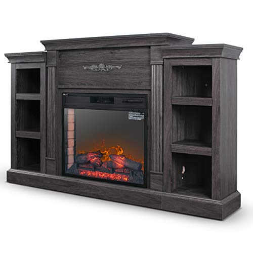 DELLA 1400-Watt Electric Fireplace in Grey with Built-in Bookshelves and an Enhanced Log Display