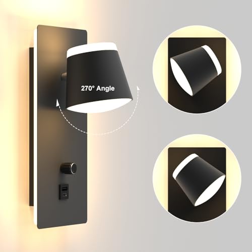 Sytmhoe 2 Pieces Wall Sconces with USB Charging Type C Bedroom, 16 W 3000 K Dimmable Rotatable Lamps for Wall Light Switch, Black Aluminium Led Lights Lamp Reading Lamp Bedside Wall