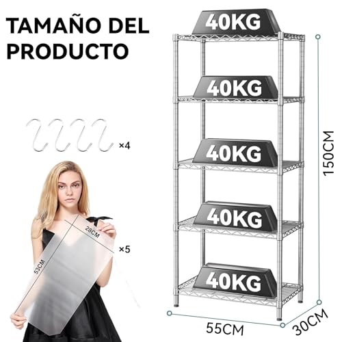 【Expandible】Estante de Almacenamiento de Metal de 5 Niveles(55x30x150CM), Estante Organizador Resistente, Rack Organizador Ajustable, Anaquel, 4 S-Ganchos, Cocina, Oficina, Despensa, Microondas(Plata)