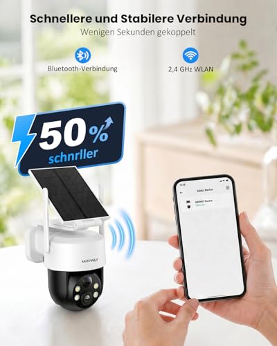 Mrowly 2K Outdoor Solar Surveillance Camera, 360° PTZ WiFi Camera Outdoor Wireless with Removable Solar Panel, 2.4 GHZ, PIR Motion Detection, Colour Night Vision, 2-Way Audio, IP66, for Garden, Yard