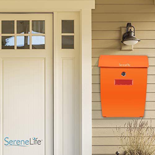 Modern Wall Mount Locking Mailbox - Indoor Outdoor Universal Vertical Mounted Mail box - ABS Plastic Large Capacity Home / Office Business Drop Slot with Secure Lock Keys - Serenelife SLMAB35 (Orange)
