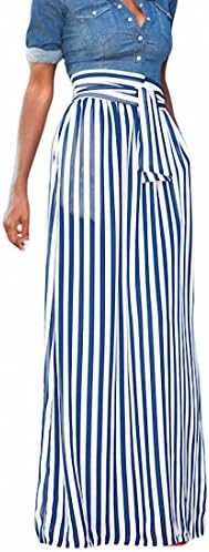Elisan Women's Vertical Striped Long Skirts Full Length Elastic Waisted Maxi Skirt With Pocket