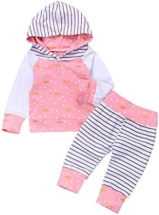 Baby Girls Outfit Winter Floral Hoodie With Flower Long Pants Set (Pink Crown, 0-6M)