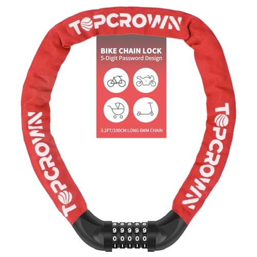 Topcrown Bike Chain Lock 3.2 ft Long High Security Heavy Duty Anti Theft, 5 Digit Combination Resettable Keyless Bicycle Lock for Bike/Electric Scooter/Ebike/Motorcycle (Red)