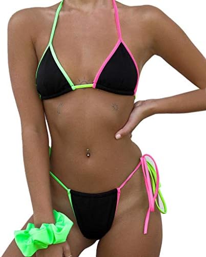 Women's Two Piece Colorful Thong Bikini Set String Swimsuit (Black, M)