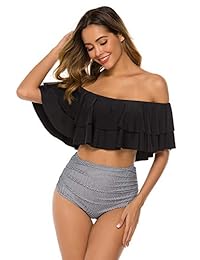 Traje de baño TRENDOUX para dama Bikini de dos piezas con volantes retro Traje de baño de cintura alta (funda impermeable para teléfono)