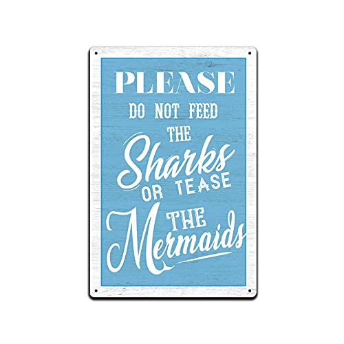 Tin Signs Swimming Pool Decor - Funny Swimming Pool Signs β Aluminum Lightweight Metal Sign 12 x 8 in. Weather Resistant (Tease The Mermaids)