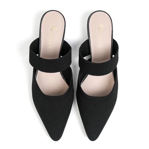 Semwiss Pointed Toe Mules for Women Chunky Low Heeled Sandals Breathable Backless Mesh Knit Slip on Loafers