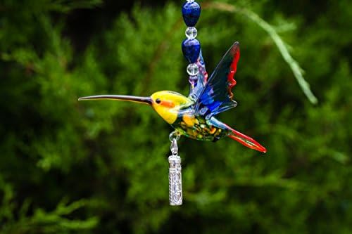 8" Hanging Collectible Murano Glass Yellow Headed Hummingbird Ornament with Silver Keepsake Pendant for Ash - Sympathy Gift