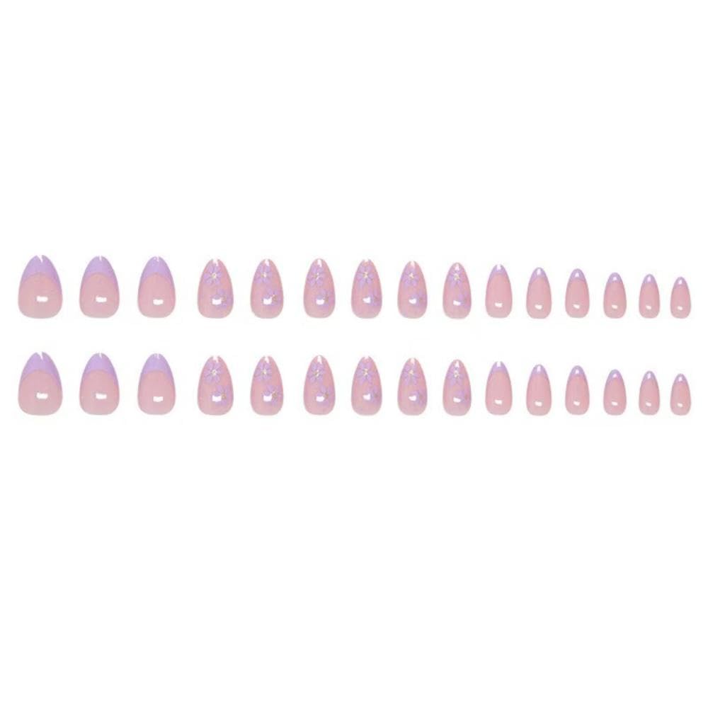 Purple French Tip Press on Nails Flower Fake Nails Short Almond False Nails with Design Nude Glue on Nails Glossy Artificial Acrylic Full Cover Lilac Floral Stick on Nails for Women Manicure 24Pcs - Image 2