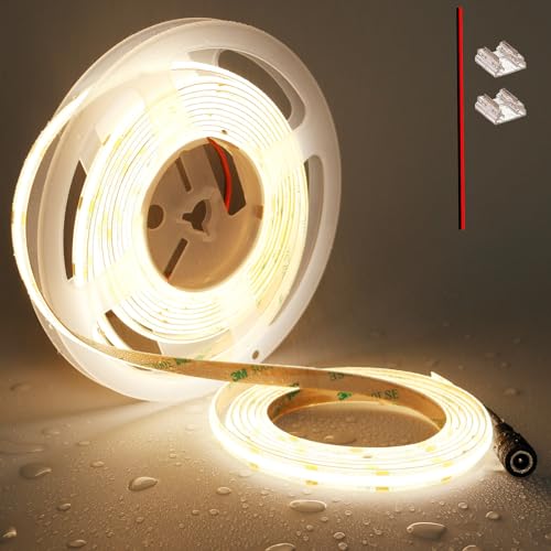 TOPAI COB LED Strip 12 V Warm White Outdoor Waterproof IP65, 5 m LED Strip 3000 K Self-Adhesive, Cuttable, CRI>90, 480LEDs/M High Density, Width 8 mm, for Kitchen, Cabinet, Home Decoration