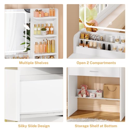 TEENFON Vanity Desk with Mirror and LED Lights, Small Vanity with 2 Open Compartments & 4 Shelves, Dressing Table with Large Drawer for Bedroom, White