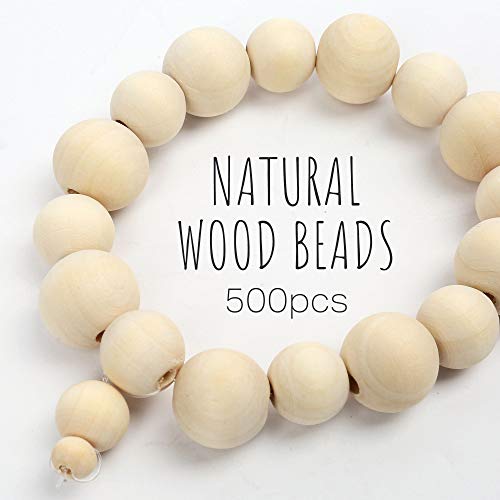 LotFancy 500pc Wooden Beads, 6 Sizes Unfinished Natural Wood Beads for Crafts, Round Predrilled Wooden Balls for Garland Macrame Jewelry Farmhouse Décor (8mm 10mm 12mm 14mm 16mm 18mm)