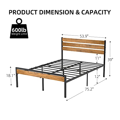Idealhouse Full Bed Frame with Wood Headboard and Metal Slats Support