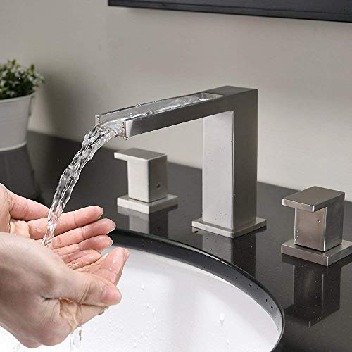 Waterfall Stainless Steel Two Handle Three Hole Widespread Bathroom Faucet, Brushed Nickel Bathroom Sink Faucet With Hoses - Thumbnail 2