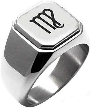 Stainless Steel Silver Color Zodiac Symbol Mens Square Flat Top Biker Style Signet Ring for Wife Girlfriend Husband Boyfriend Size 7-16 Half Sizes Included