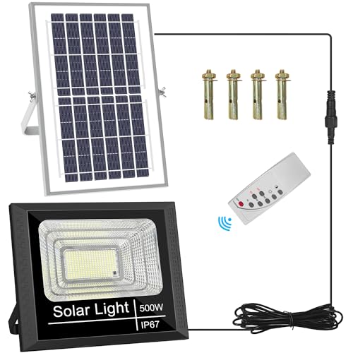 Sunsign 500W Luz Solar Exterior Jardin,IP67 Lámpara Solar con Control Remoto, 294 LED 8000 lumens Lámpara de Inundación Solares, 6500K Regulable Iluminación Exterior Luces