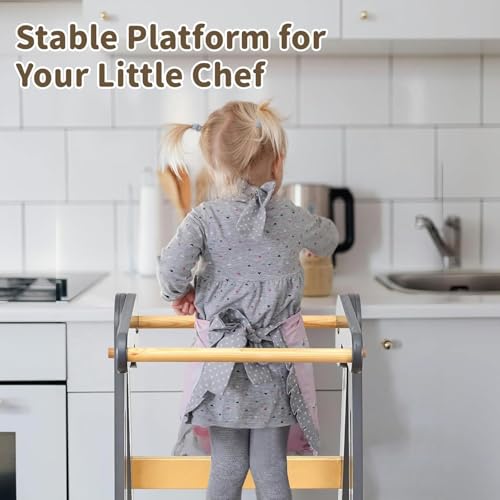 Learning Tower, Foldable Wooden Toddler Tower with Safety Rail, Kitchen Stool Helper, Standing Tower with 3 Adjustable Heights, Mother's Helper, Montessori Step Stools for Bathroom Sink