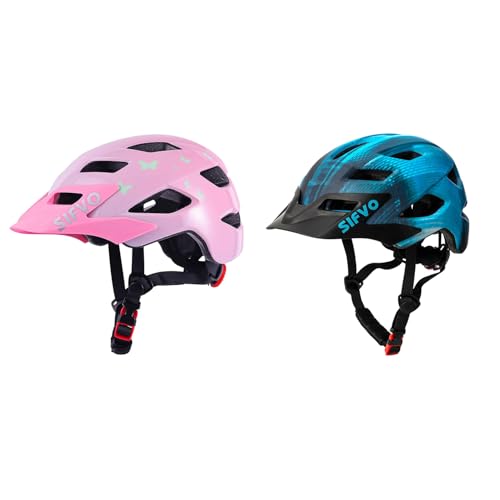 SIFVO 2 Pack Kids Helmet, Boys and Girls Bike Helmet with Cool Visor Helmet for Kids 5-14, Adjustable & Lightweight 50-57cm(Pink Butterfly+Cool Ray)