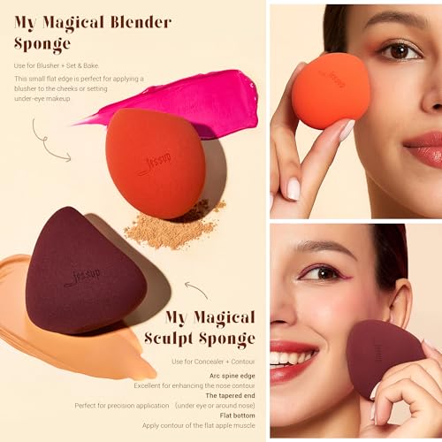 Jessup Makeup Brushes 5pcs, 3pcs Double Sided Face Makeup Brush Set, 2pcs Makeup Sponges, Premium Vegan Foundation Contour Blush Highlight Concealer Brush Gift Packaging T510